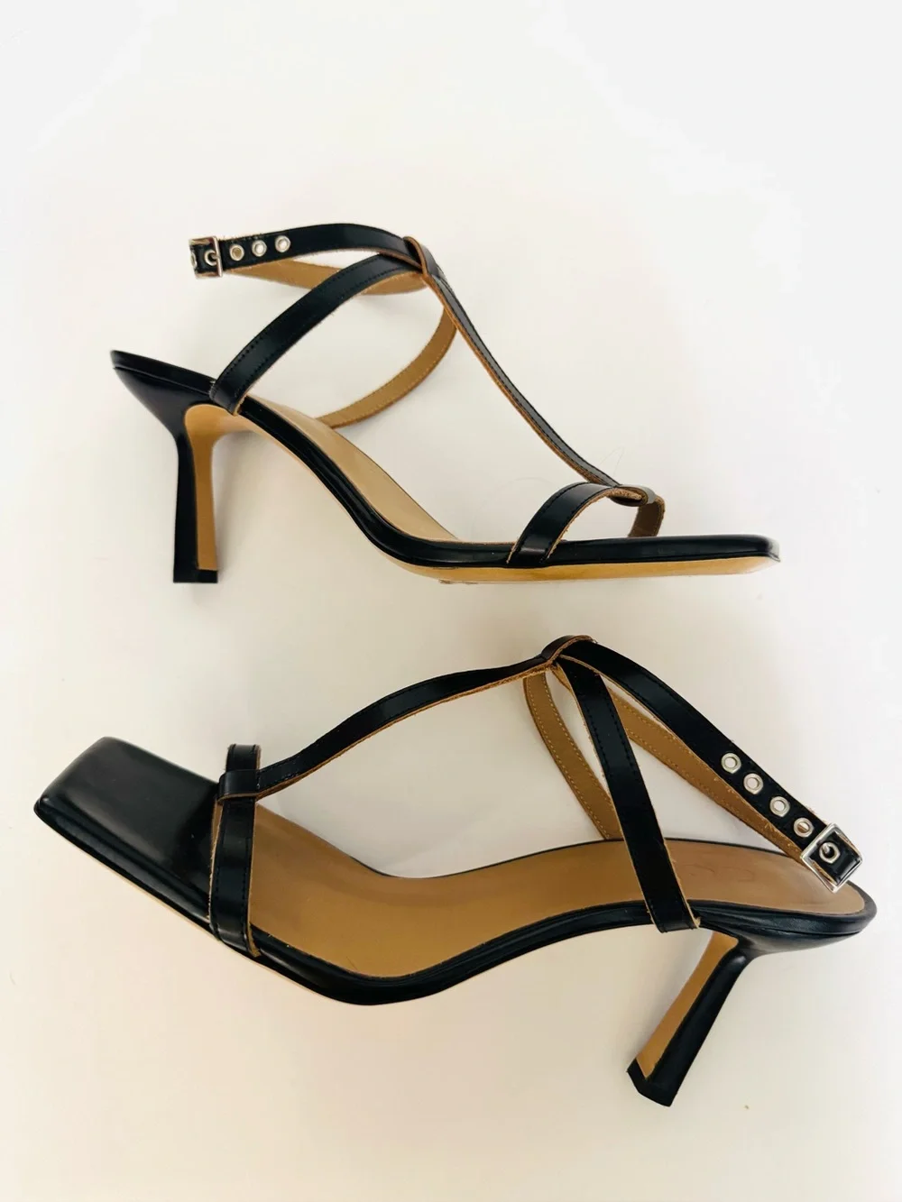 EUC COS Elegant Black Strappy Square Toe Leather Heeled Sandals US11 Minimalist